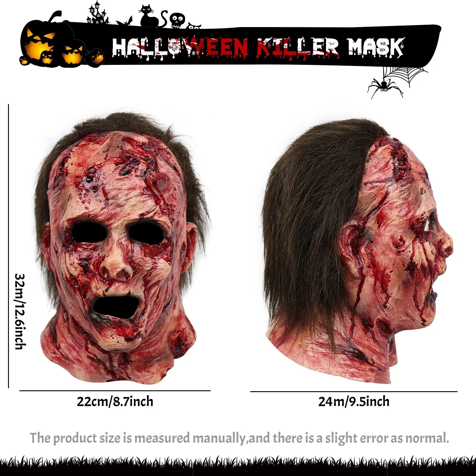 Halloween Michael Myers Mask Scary Killer Full Head Mask Creepy Fire Burn Scar Latex Face Mask Cosplay Costume Party Props Knife