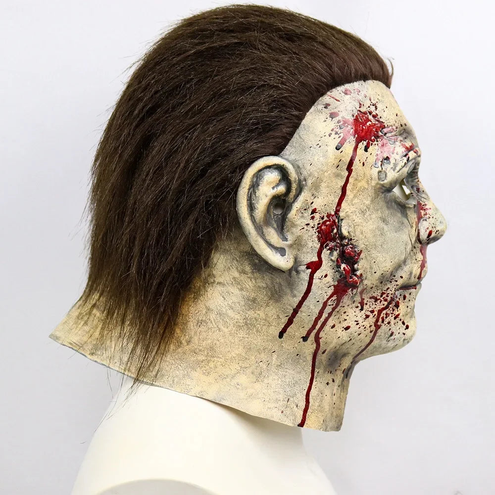 Halloween Michael Myers Mask Scary Killer Full Head Mask Creepy Fire Burn Scar Latex Face Mask Cosplay Costume Party Props Knife