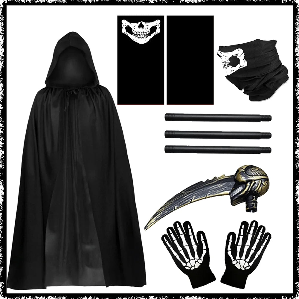 Death Cloak Suit Halloween Cosplay Costume Grim Reaper Prop Ghost Head Scythe Skull Scarf Glove Adult Kids Halloween Decoration
