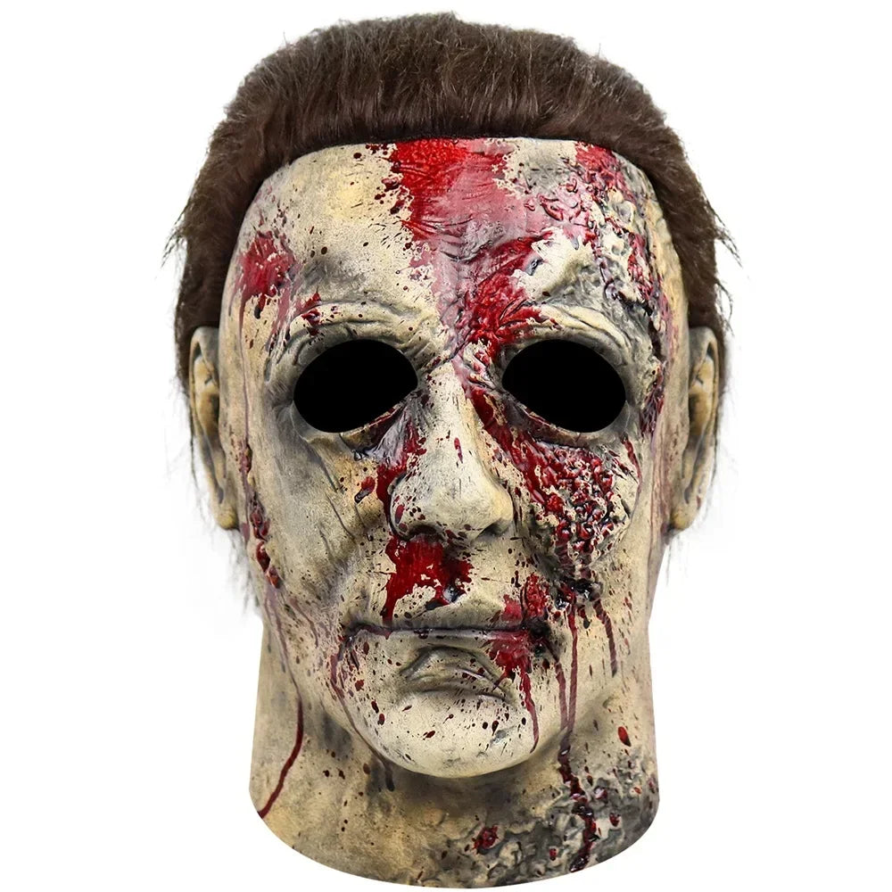 Halloween Michael Myers Mask Scary Killer Full Head Mask Creepy Fire Burn Scar Latex Face Mask Cosplay Costume Party Props Knife