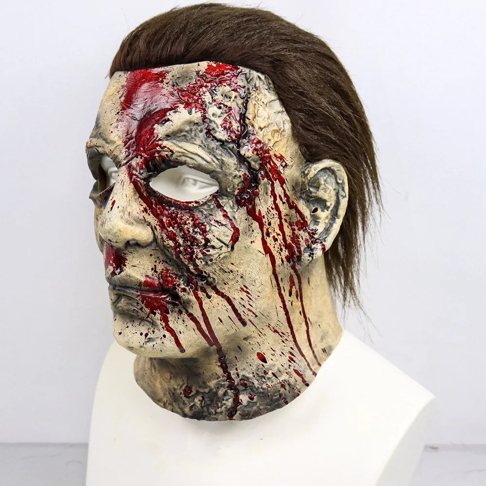 Halloween Michael Myers Mask Scary Killer Full Head Mask Creepy Fire Burn Scar Latex Face Mask Cosplay Costume Party Props Knife