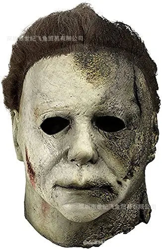 Halloween Michael Myers Mask Scary Killer Full Head Mask Creepy Fire Burn Scar Latex Face Mask Cosplay Costume Party Props Knife
