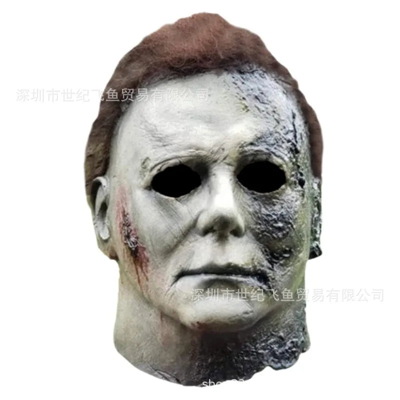 Halloween Michael Myers Mask Scary Killer Full Head Mask Creepy Fire Burn Scar Latex Face Mask Cosplay Costume Party Props Knife