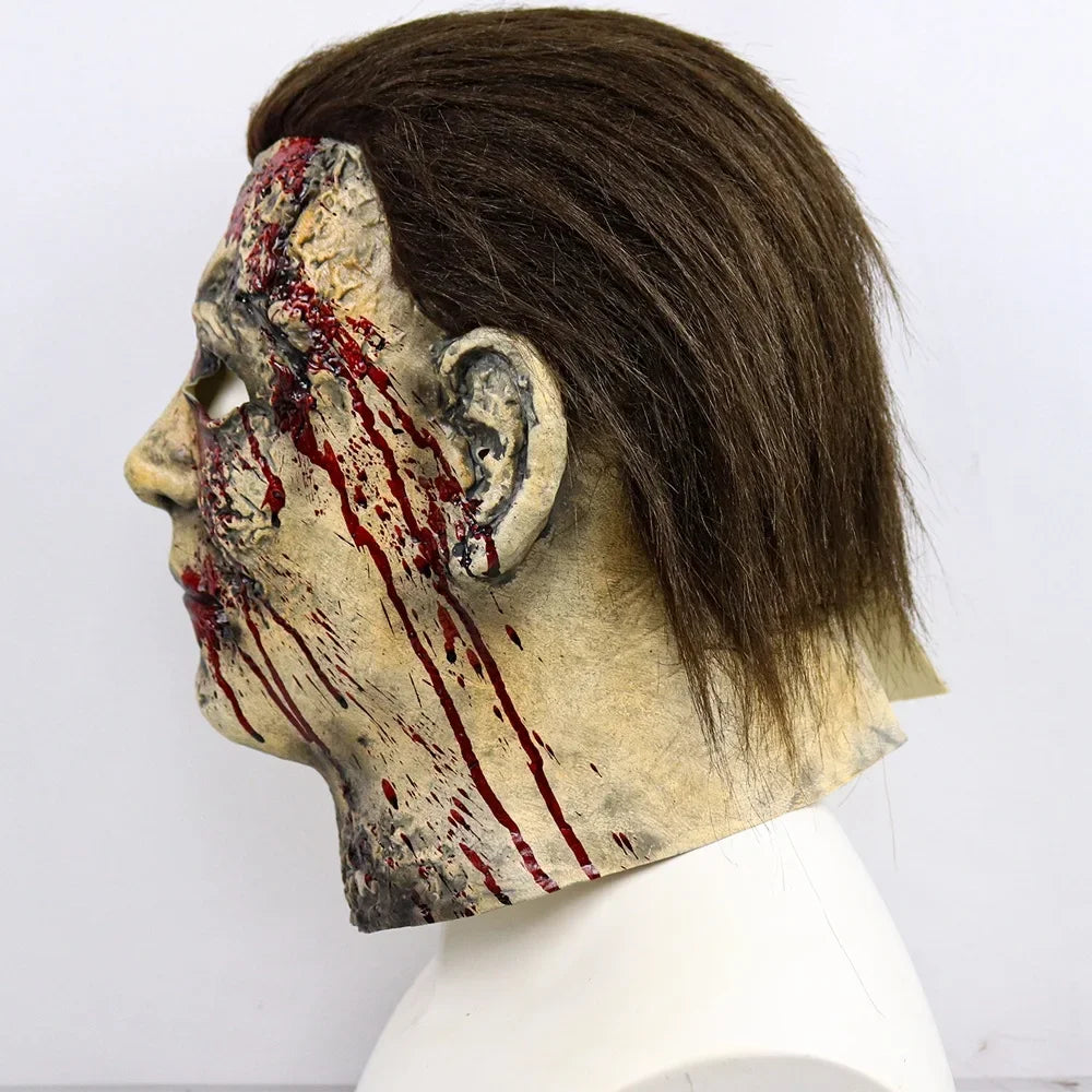 Halloween Michael Myers Mask Scary Killer Full Head Mask Creepy Fire Burn Scar Latex Face Mask Cosplay Costume Party Props Knife